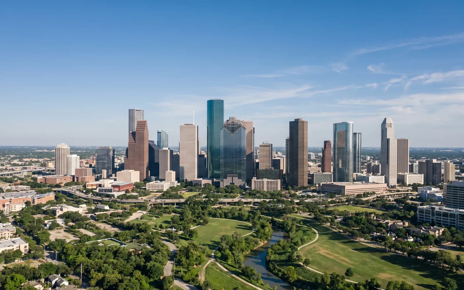 The Houston skyline in clear daytime light